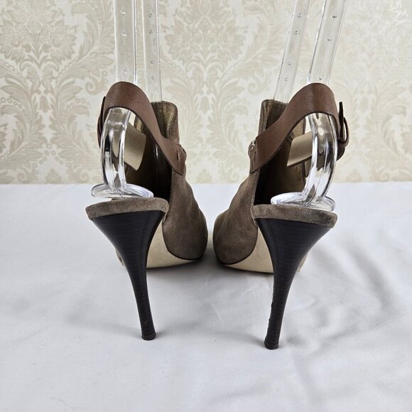MICHAEL Michael Kors Size 8M Taupe Suede Leather Stiletto Peep Toe Booties Chain - Picture 3 of 16